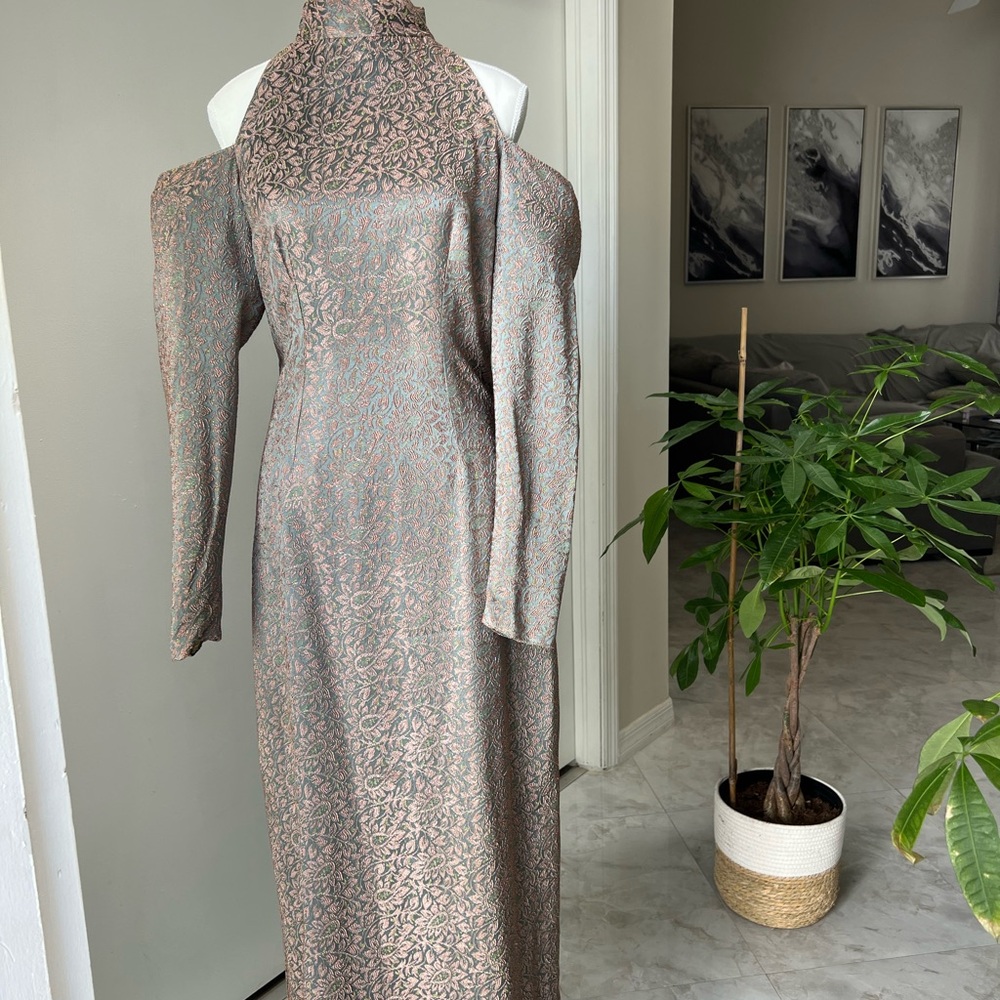 Couture Cold Shoulder Metallic Brocade Maxi Gown by Tess Dutu-Collector's Piece